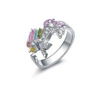 Clataly Rainbow Unicorn Ring with Rhinestone Opening Adjustable Cartoon Unicorn Girls Ring (Silver)