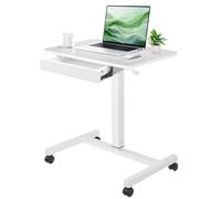 CLATINA Mobile Laptop Standing Desk, Height Adjustable Teacher Podium with Lockable Wheels, Adjustable Work Table with Drawer, Computer Cart Overbed Table for Home Office Classroom, White