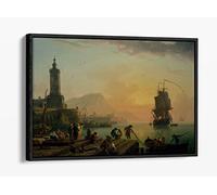 Claude-Joseph Vernet, A Calm at a Mediterranean Port Canvas Floater Frame Print Picture Art - Black Frame 12 inch wide x 8 inch high