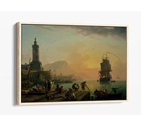Claude-Joseph Vernet, A Calm at a Mediterranean Port Canvas Floater Frame Print Picture Art - Light Oak Frame 12 inch wide x 8 inch high