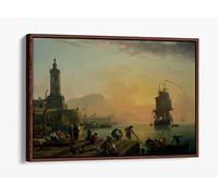 Claude-Joseph Vernet, A Calm at a Mediterranean Port Canvas Floater Frame Print Picture Art - Walnut Frame 12 inch wide x 8 inch high