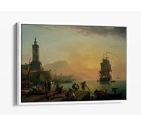 Claude-Joseph Vernet, A Calm at a Mediterranean Port Canvas Floater Frame Print Picture Art - White Frame 36 inch wide x 24 inch high
