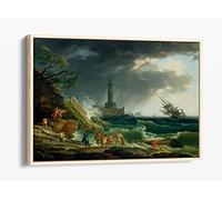 Claude-Joseph Vernet, A Storm on a Mediterranean Coast Canvas Floater Frame Print Picture Art - Light Oak Frame 24 inch wide x 16 inch high