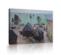 Claude Monet Departure of the Boats Etretat Framed Canvas Wall Art Reception Normandy Seashore Fishing Sailboat Giclee Fine Art Print for Lounge Decor 50x60cm