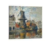 Claude Monet Paintings - (Windmill on The Onbekende Canal, Amsterdam) Poster Canvas Wall Art Decorative Bedroom Modern Home Print Picture 24x24inch(60x60cm)