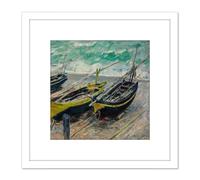 Claude Monet Three Fishing Boats 8X8 Inch Square Wooden Framed Wall Art Print Picture with Mount Artery8 White One Size