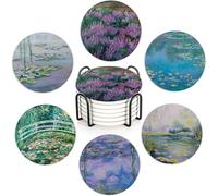 Claude Monet Water Lilies Set of 6 Coasters Absorbent Ceramic Drink Mats with Cork Base & Metal Holder, Spill Protectors for Mugs/Cups, Cheerful Home/Bar Decor