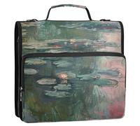 Claude Monet Water Lily Painting Binder Zipper Organizer 1 1/2 Inch Binders 3 Ring Binders with Strap Middle School Bag Multi Pockets Large Portfolio Folder