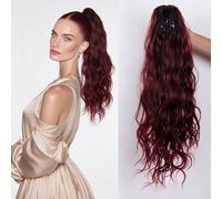Claw Clip High Ponytail Extension 24 Inch Curly Wavy Pony Tails Hairpiece Synthetic Colorful Halloween Fluffy Bun Wig for Women Daily Party Use 10# Wine Red