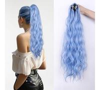 Claw Clip High Ponytail Extension 24 Inch Curly Wavy Pony Tails Hairpiece Synthetic Colorful Halloween Fluffy Bun Wig for Women Daily Party Use 16# Light Blue