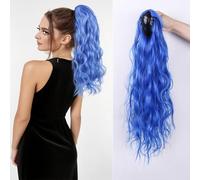 Claw Clip High Ponytail Extension 24 Inch Curly Wavy Pony Tails Hairpiece Synthetic Colorful Halloween Fluffy Bun Wig for Women Daily Party Use 15# Blue