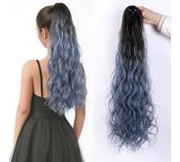 Claw Clip High Ponytail Extension 24 Inch Curly Wavy Pony Tails Hairpiece Synthetic Colorful Halloween Fluffy Bun Wig for Women Daily Party Use 17# Black Ombre Blue