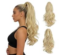 Claw Clip in Ponytail Hair Extensions, 18 Inch Long Curly Wavy Ponytail Extension human hair, Hair Extension Clips for Women, Daily Use and Party (Beach Blonde, 14, Inches, Effortless waves)