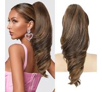 Claw Clip Ponytail Extension Long Curly Wavy Ponytail Hairpieces 18'' Natural Soft Clip In Pony Tails Synthetic Hair Extensions for Daily Use Party (Chocolate Brown with Highlights)