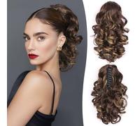 Claw Clip Ponytail Hair Extensions - 12 Inch Short Ponytail Extension, Wavy Pony Tail Hair Pieces for Women, Synthetic Clip in Ponytail Hair Extensions (Color: Brown with Blonde Highlights)
