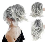 Claw Clip Short Ponytail Hair Extensions DIY Bendable Metals Messy Bun Hair Piece for Wonen Wavy Curly Synthetic Fake Hairpieces Salt and Pepper (C)