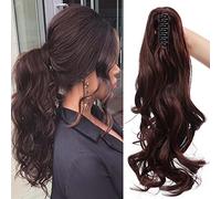Claw On Ponytail Extension Matte Material 18 Inch/45cm Curly Wavy Clip In Pony tail Synthetic Hairpiece, Wine Red
