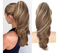 Claw Ponytail Extension Long Wavy Layered Pony Tails Hairpiece 18'' Clip in Synthetic High Temperature Fiber for Women Daily Use & Cosplay (Brown with Light Blonde Highlights)
