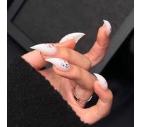 Claw Press on Nails Short Curved Stiletto White with Star Sequins Handmade Cat Claw Unique Reusable Fake Nail Thick Acrylic False Nails with Designs Cat Claw Glossy Glue on Nail (M)