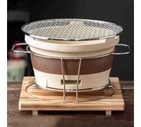 Clay Charcoal Stove, Portable Barbecue Stove, Tabletop Clay Stove, Tea Making Charcoal Stove, with Metal Rack, Wooden Base, Metal Grill Pan, Outdoor Charcoal Stove(L)