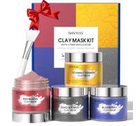 Clay Face Mask Kit, Turmeric & Vitamin C Facial Clay Mask, Dead Sea Mud Mask, Blueberries, Red Beans, Deep Cleansing, Oil Control, Brightens Skin Tone, Moisturizing, Gift Set, 320g