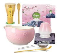 Clay&Fire Matcha Whisk Set, 9 pcs Ceramic Matcha Set, Gifts for Women,Matcha Bowl with Spout and Whisk, Matcha Kit for Matcha Lovers (Cherry Blossom Pink)