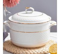 Clay pots for Cooking, Small Copper White Soup Tureen Porcelain Serving Bowl with Lid and Spoon Large Capacity Round Stockpot(Gold,1.4Quarts)