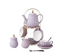 CLAY TONIC-- 8 OZ Fine China Purple Coffee Cup/Teacup Set, Cups & Saucer, with Teapot-Sugar Bowl-Cream Pitcher Teaspoons and tea strainer for Tea/Coffee,17-Pieces- Service for 4 (Purple)