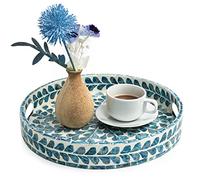 CLAYNIX Serving Tray 12.5 Inch, Lacquer Mother of Pearl Inlay Mosaic Tray, Round Wooden Marble Tray with Handles Trays for Tea, Breakfast (Leaf Style)