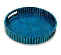 CLAYNIX Serving Tray 12.5 Inch, Lacquer Mother of Pearl Inlay Mosaic Tray, Round Wooden Marble Tray with Handles Trays for Tea, Breakfast (Dark Blue)