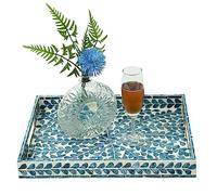 CLAYNIX Serving Tray 15.7" X11.8", Lacquer Mother of Pearl Inlay Mosaic Tray, Rectangle Wooden Marble Tray with Handles Trays for Tea, Breakfast in Bed, Table (Blue)