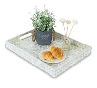 CLAYNIX Serving Tray 15.7" X11.8", Lacquer Mother of Pearl Inlay Mosaic Tray, Rectangle Wooden Marble Tray with Handles Trays for Tea, Breakfast in Bed, Table (White)