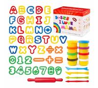 Clayo 53PCS Play Dough Alphabet & Number Cutters Set for Kids - Montessori Educational Learning Toy, ABC Letter & Math Symbols Playdough Tools with Colourful Dough Pots & Rolling Pin - Preschool Toy