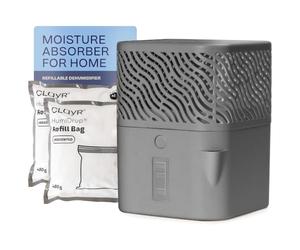 Clayr HumiDrop 1000ml Refillable Dehumidifier with 2 x 480g Refills - Non-Electric Moisture Absorbers for Bathroom, Home, Caravan - Prevents Damp, Mould, Musty Smell, Condensation - Grey