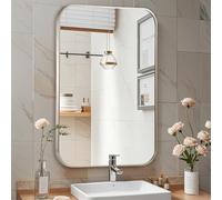 CLBA Brushed Nickel Mirror, 22x30 Inch Brushed Nickel Rectangle Mirror, Aluminum Alloy Framed Vanity Mirror, Rounded Rectangle Bathroom Mirror for Over Sink, Anti-Rust Wall Mirror