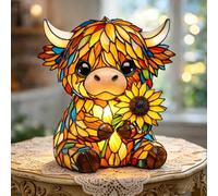 CLBDRESS Handcrafted Sunflower Highland Cow Table Lamp, Stained Glass 3D Animal Night Light with USB, Resin LED Night Lamp for Home Office Bedroom Living Room Desk Decor