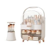CLBDRESS Makeup Organiser, Dustproof Dressing Table Organiser With Drawers and Lid, Cosmetic Storage Box with Handle, 360° Rotating Display Case for Vanity, Dresser, Bathroom Countertop(Rose Gold)
