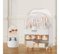 CLBDRESS Makeup Organizer Countertop & 360° Rotating Makeup Brush Holder, Skincare Holder with Lid and Drawers, Storage Box Cosmetic Display Cases, Teen Girl Gifts, Vanity, Bathroom Counter, Silver