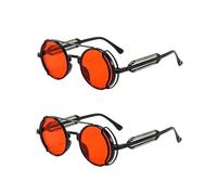 Cldaisy 2Pcs Red Retro Steampunk Sunglasses Vintage Style Sun Glasses Round Metal Frame Circle Glasses Street Shot Eyewear Unisex Cool Sun Glasses Gifts, Women's Sunglasses