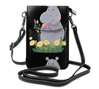 CLDBMD Small Cell Phone Purse 7.6x4.9in Hippo Picking Flowers Prints Leather Crossbody Flap Phone Case For Women, Perfect For Walking, Camping