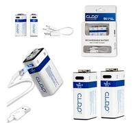 CLDP USB Rechargeable 9V Batteries // 9v // 350mAh // High-Capacity // Fast Charge // 1600+ Cycles // ZnNi // Eco-friendly // Pack of 2 + Dual-Cell USB Type-C Cable