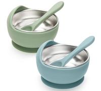 CLDY 2-Pack Stainless Baby Bowls, with Suction Base, Snail Feeding Setw, with 2 Silicone Spoons, Baby Stainless Steel Weaning Set, Food-Grade BPA-Free, Green & Blue