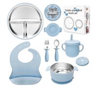 CLDY 8 Pack Stainless Steel Baby Weaning Set Pink, Baby Plate/Suction Bowls/Silicone bib/Children's Spoon/Drinking Cup, with 100% Silicone Suction Plate Base, BPA-Free - for Toddlers & Newborn Gifts