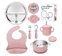 CLDY 8 Pack Stainless Steel Baby Weaning Set Pink, Baby Plate/Suction Bowls/Silicone bib/Children's Spoon/Drinking Cup, with 100% Silicone Suction Plate Base, BPA-Free - for Toddlers & Newborn Gifts