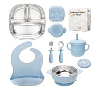 CLDY Baby 7 Pcs Stainless Steel Weaning Set - Silicone Feeding Set - Sectioned Plate - Suction Bowls - Straw Cups & Lids - Spoons - Bib - Non-Slip - BPA-Free - for Toddlers & Baby Gift (Blau)