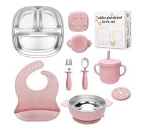 CLDY Baby 7 Pcs Stainless Steel Weaning Set - Silicone Feeding Set - Sectioned Plate - Suction Bowls - Straw Cups & Lids - Spoons - Bib - Non-Slip - BPA-Free - for Toddlers & Baby Gift (Pink)