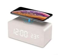 Clean-Line Wooden Digital Alarm Clock with Wireless Charging Support for Most Qi-Enabled Portable Devices (white)