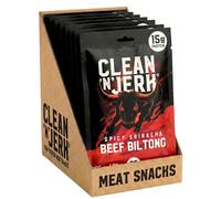 Clean 'N' Jerk Beef Biltong Spicy Sriracha 280g - High Protein Beef Biltong Snack - Air Dried Silverside Meat Snack - Keto Low Carb Savoury Spicy Flavour - 10 Pack 28g Pouches