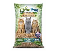 Clean Paw Natural Wood Pellets Cat Litter, 30L, Biodegradable, Non-Clumping, Highly Absorbent, Pellet Form, for Cats and Kittens, Made in UK (30L)