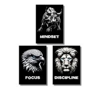 CLEAN SPORTS® Motivation Posters - Set of 3 Pictures Motivation for Business and Body Pictures in DIN A2 Format - Bull Eagle Lion Trading Mindset - Without Frame (Set of 3)